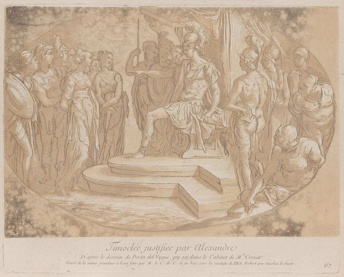 Alexander the Great freeing Timoclea; from 'Recueil d'estampes d'après les plus beaux tableaux et d'après les plus beaux desseins qui sont en France, Cabinet Crozat', Anne Claude Philippe de Tubières, comte de Caylus (French, Paris 1692–1765 Paris), Etching and aquatint with tone woodblock 