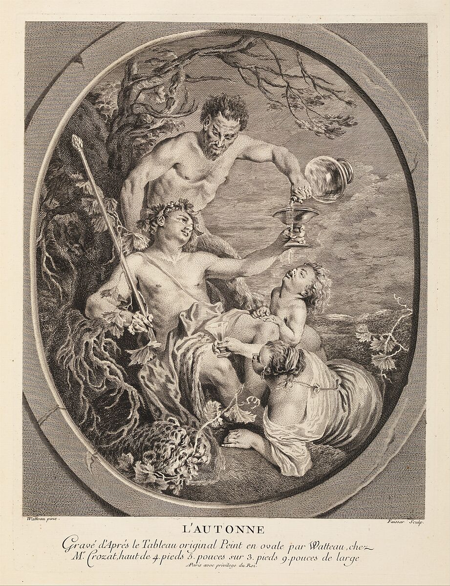 L'Autonne, in L'Oeuvre D'Antoine Watteau Pientre du Roy en son Academie Roïale de Peinture et Sculpture Gravé d'après ses Tableaux & Desseins originaux...par les Soins de M. de Jullienne, Volume II, page 52, Etienne Fessard (French, Paris 1714–1777 Paris), Engraving 