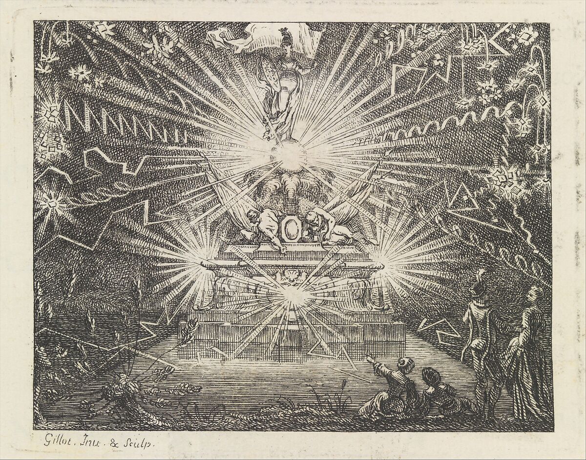 Plate for The Fish and the Fireworks, Fable Sixteen, in Fables Nouvelles, Dediées au Roy, Lamotte-Houdar (French, 1672–1731), Etching 