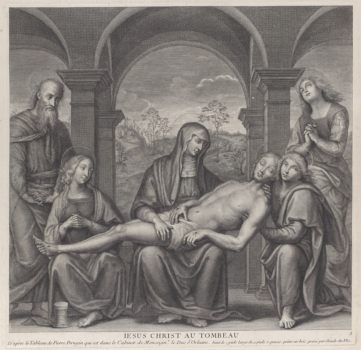 Christ in the tomb, resting across the Virgin's lap; after Perugino, Claude Duflos (French, Coucy-le-Château 1665–1727 Paris), Engraving 