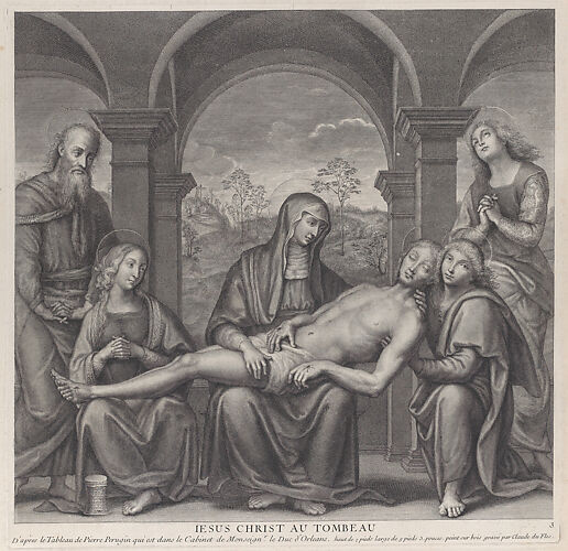 Christ in the tomb, resting across the Virgin's lap; after Perugino