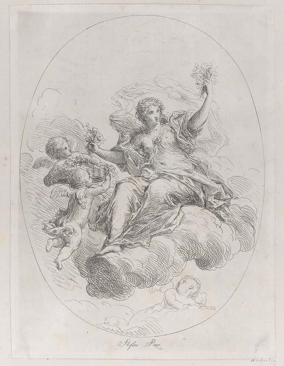 Allegorical figure on a cloud with putti, after Stefano Pozzi, Giuseppe Canale (Italian, Rome 1725–1802 Dresden) ?, Etching 