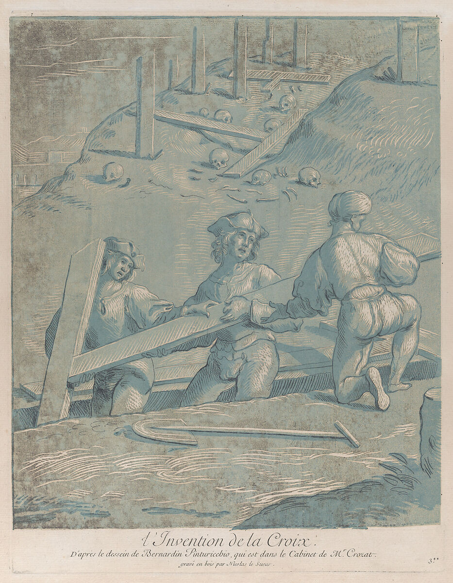 The invention of the cross; three men lifting a cross from a trench; from 'Recueil d'estampes d'après les plus beaux tableaux et d'après les plus beaux desseins qui sont en France, Cabinet Crozat' after a drawing by Pinturicchio, Nicolas Le Sueur (French, 1691–1764), Etching and aquatint with tone woodblock 