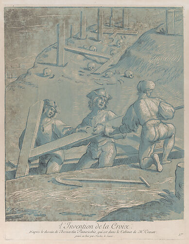 The invention of the cross; three men lifting a cross from a trench; from 'Recueil d'estampes d'après les plus beaux tableaux et d'après les plus beaux desseins qui sont en France, Cabinet Crozat' after a drawing by Pinturicchio