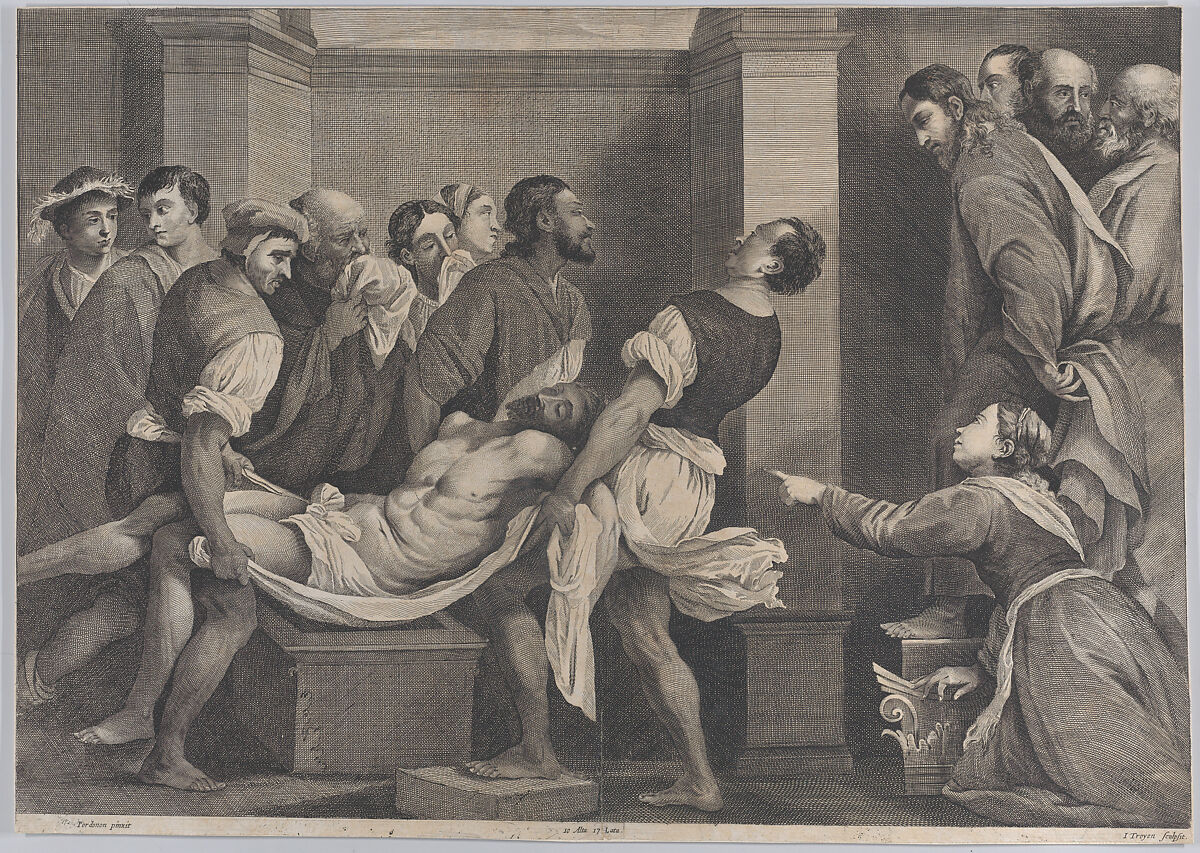 The raising of Lazarus, who is carried by three men at left, while his sister and Christ look on at right; from 'Theatrum Pictorium', after Pordenone, Jan van Troyen (Flemish, Brussels ca. 1610–after 1666), Etching and engraving 