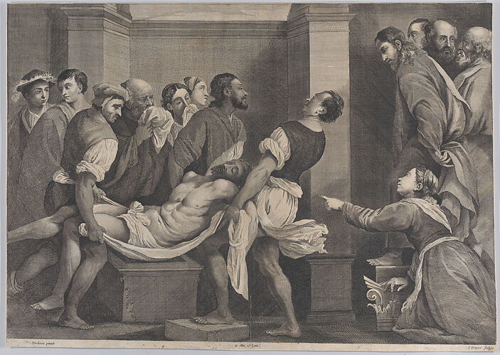 The raising of Lazarus, who is carried by three men at left, while his sister and Christ look on at right; from 'Theatrum Pictorium', after Pordenone