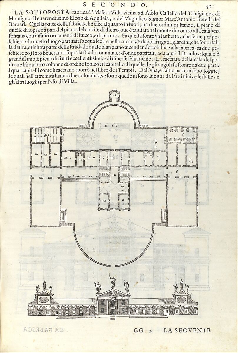 Villa Barbaro, from I quattro libri dell'architettura di Andrea Palladio (Book 2, page 51), Andrea Palladio (Italian, Padua 1508–1580 Vicenza), Printed book with woodcut illustrations 