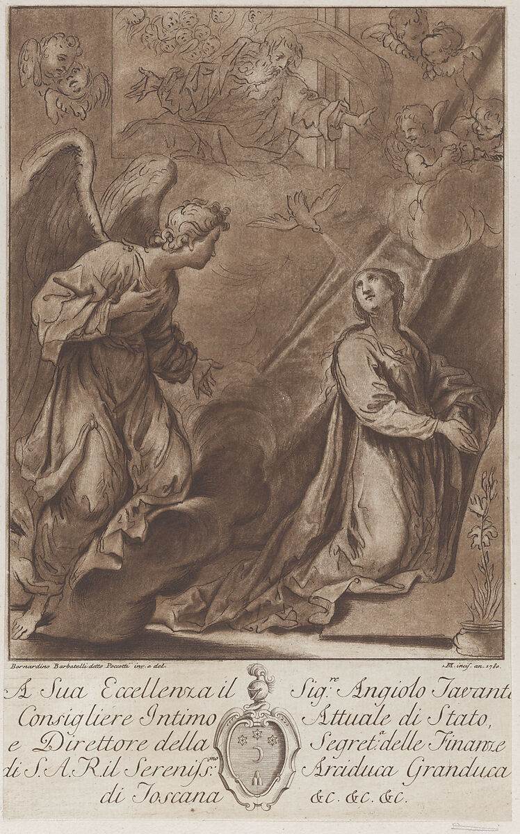The Annunciation, after Poccetti, After Bernardino Poccetti (Italian, San Marino di Valdelsa 1548–1612 Florence), Etching and sulphur tone printed in brown 