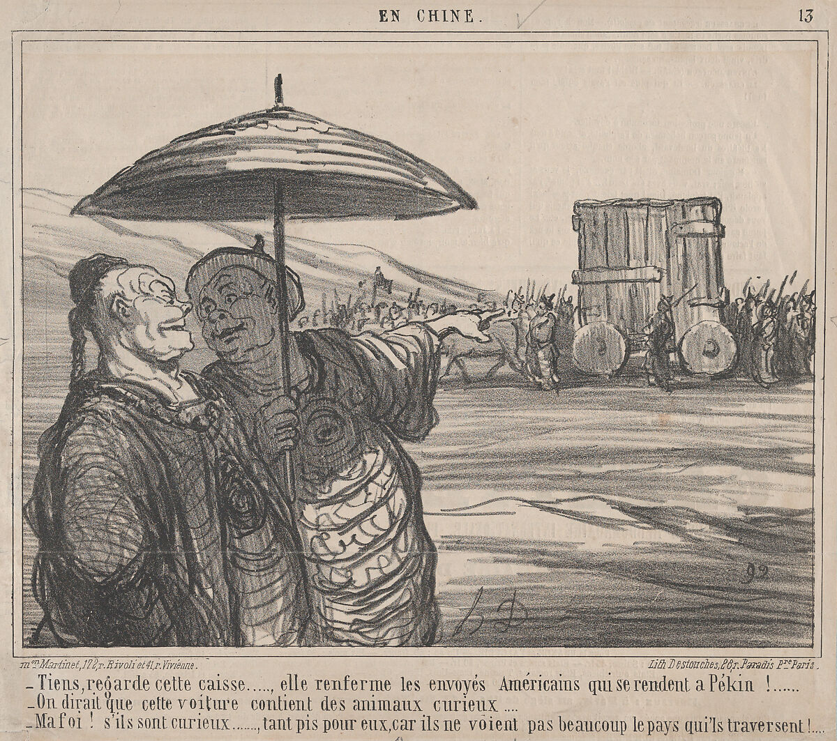 Tiens, regarde cette caisse...., elle renferme les envoyés Américains qui se rendent a Pékin!...., from En Chine, published in Le Charivari, October 4, 1859, Honoré Daumier (French, Marseilles 1808–1879 Valmondois), Lithograph on newsprint; second state of three (Delteil) 