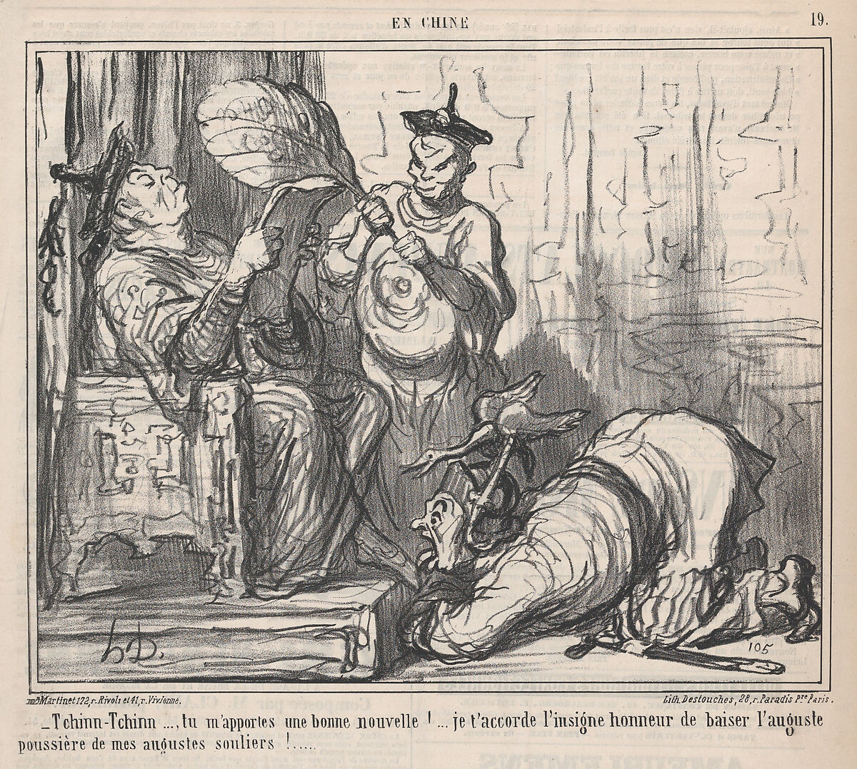 Tchinn-Tchinn..., tu m'apportes une bonne nouvelle! .... je t'accorde l'insigne honeur de honneur de baiser l'auguste poussière de mes augustes souliers!...., from En Chine, published in Le Charivari, December 7, 1859, Honoré Daumier (French, Marseilles 1808–1879 Valmondois), Lithograph on newsprint; second state of three (Delteil) 