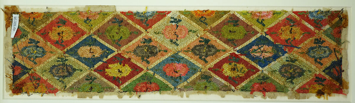 Textile with geometric pattern, Silk embroidery on silk gauze, China