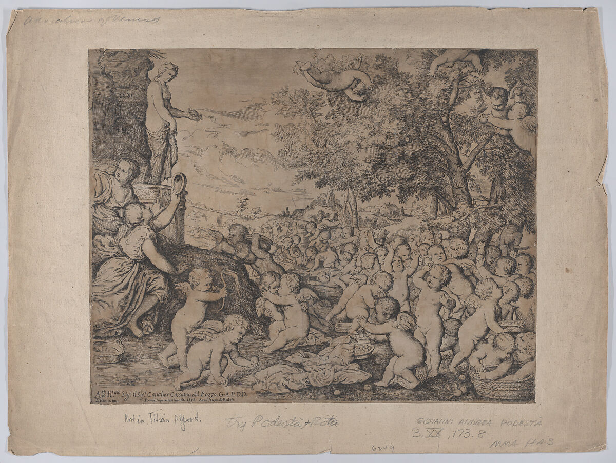 Putti before a statue of Venus; after Titian, Giovanni Andrea Podestà (Italian, Genoa 1608–ca. 1674), Etching 