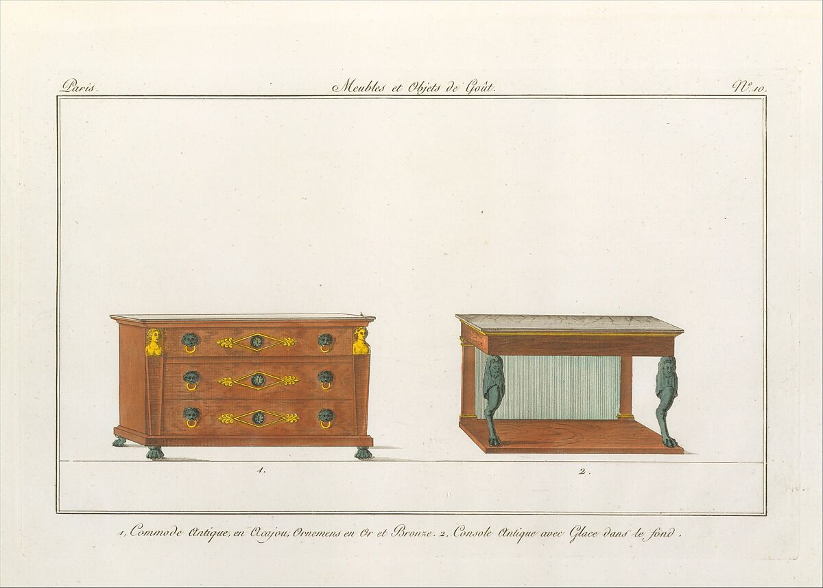 Design for a Commode and Console (Plate 10), in Collection de Meubles et Objets de Goût, vol. 1, Edited by Pierre de La Mésangère (French, Pontigné 1761–1831 Paris), Engraving, hand-colored 