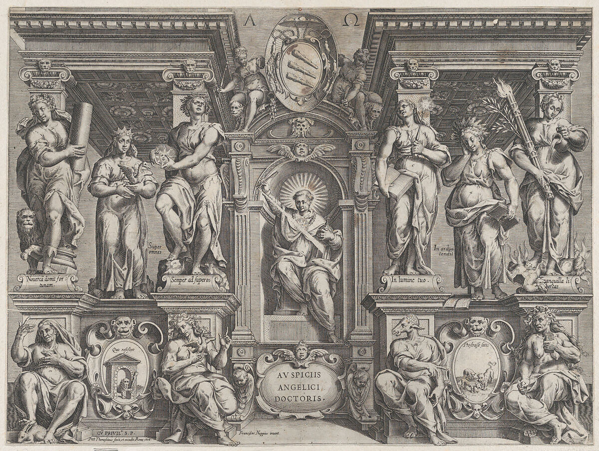 Allegorical thesis print with various figures, set in an architectural structure, Philippe Thomassin (French, Troyes 1562–1622 Rome), Engraving 