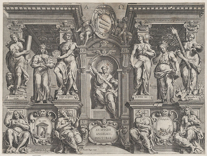 Allegorical thesis print with various figures, set in an architectural structure