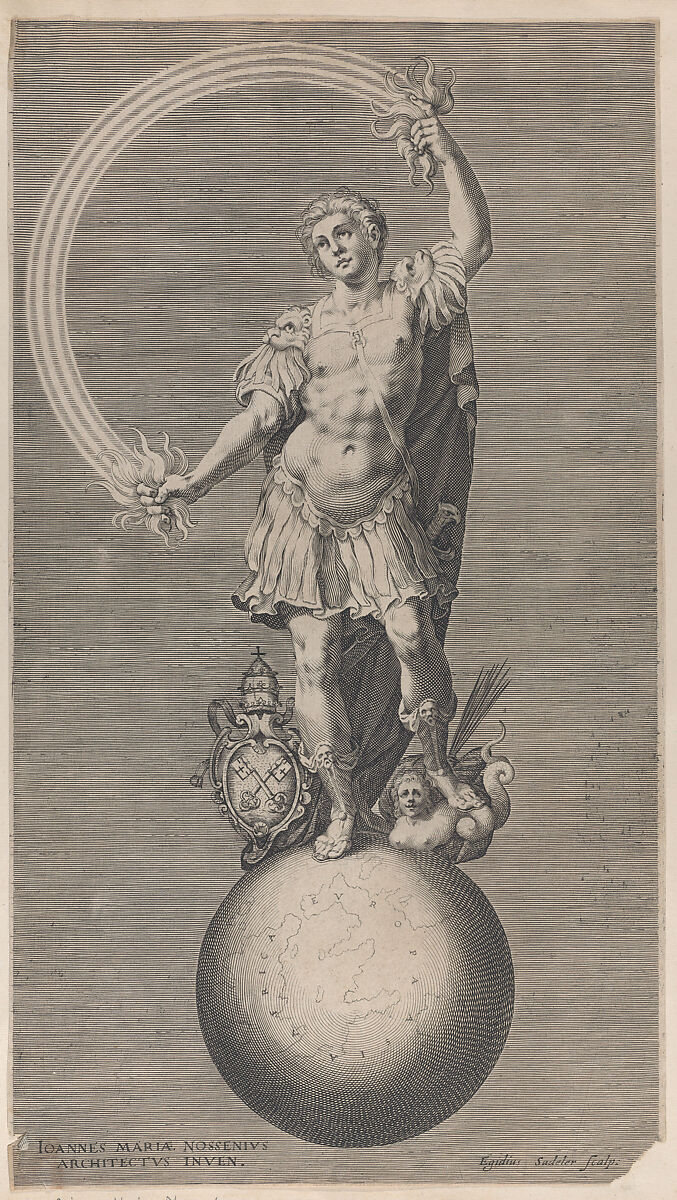 Allegorical figure of a warrior standing on a globe with the papal coat of arms at his feet, Aegidius Sadeler II (Netherlandish, Antwerp 1568–1629 Prague), Engraving 