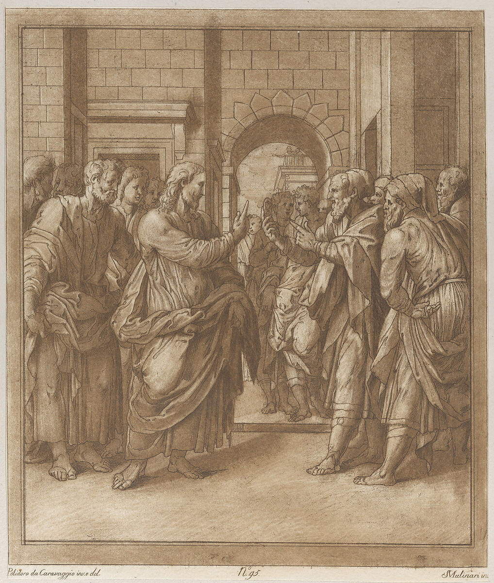 Christ standing before an entrance to a city surrounded by apostles addressing a group of men at right, Stefano Mulinari (Italian, Florence ca. 1741–90), Etching with sulphur tone printed in brown 