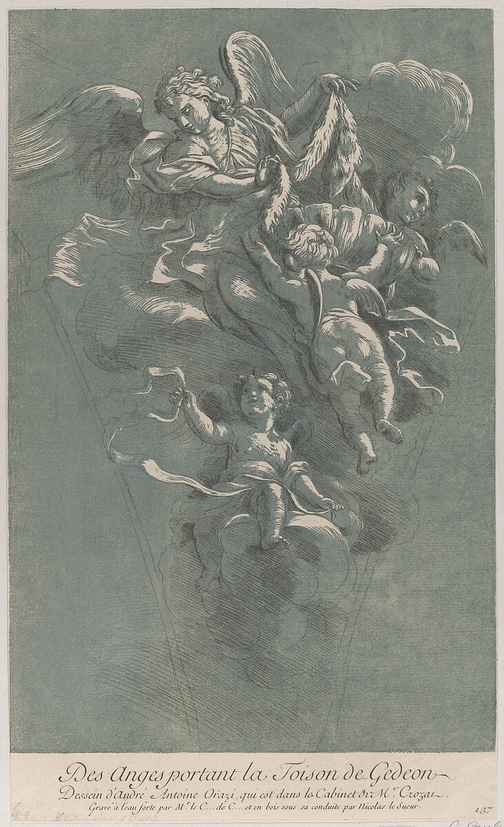 Three angels carrying Gideon's fleece;  from 'Recueil d'estampes d'après les plus beaux tableaux et d'après les plus beaux desseins qui sont en France, Cabinet Crozat' after a drawing by Orazi, Anne Claude Philippe de Tubières, comte de Caylus (French, Paris 1692–1765 Paris), Aquatint imitating a chiaroscuro woodcut printed in green and brown over etching 