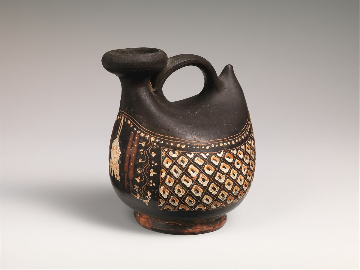 Terracotta askos (flask with spout and handle over top), Terracotta, Greek, South Italian, Apulian, Gnathian