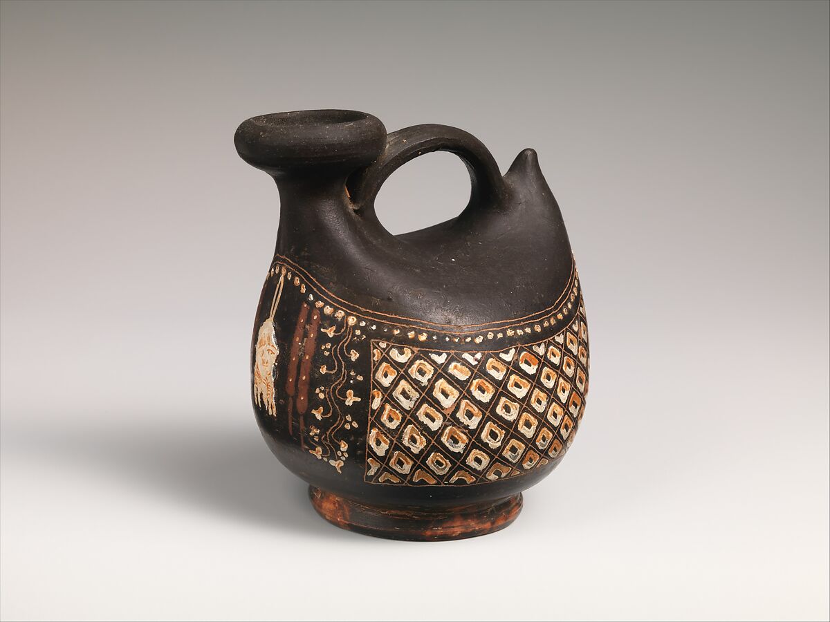 Terracotta askos (flask with spout and handle over top), Terracotta, Greek, South Italian, Apulian, Gnathian 