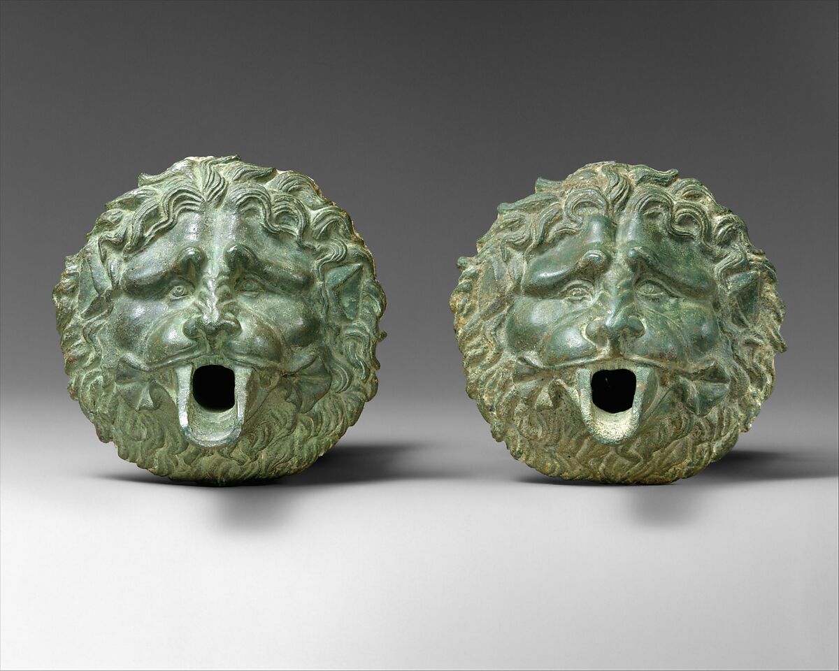 Bronze water spout in the form of a lion mask (one of a pair), Bronze, Greek or Roman