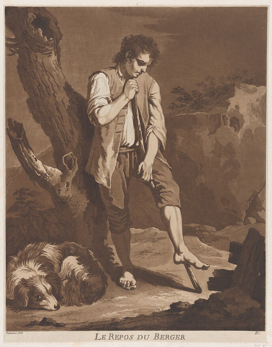 The Shepherds Rest; a young man resting on a stick while his dog lies at his feet, Pietro Jacopo Palmieri (Italian, Bologna 1737–1804 Turin), Etching and aquatint printed in brown 