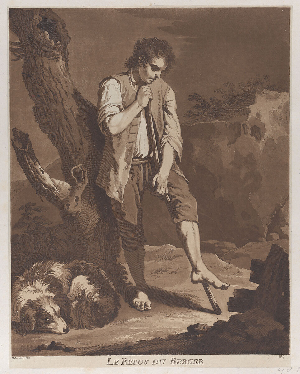 The Shepherds Rest; a young man resting on a stick while his dog lies at his feet, Pietro Jacopo Palmieri (Italian, Bologna 1737–1804 Turin), Etching and aquatint printed in brown