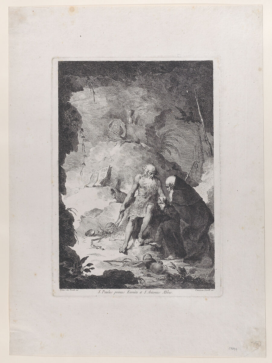 Saint Paul the Hermit and Saint Anthony Abbot conversing in a landscape, after Pietro Antonio Novelli, Francesco Novelli (Italian, 1764–1836), Etching 