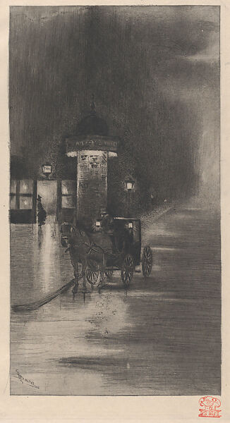 Kiosk and Carriage on a Rainy Night, Henri Boutet (French, Sainte-Hermine (Vendée) 1851–1919 Paris), Etching 