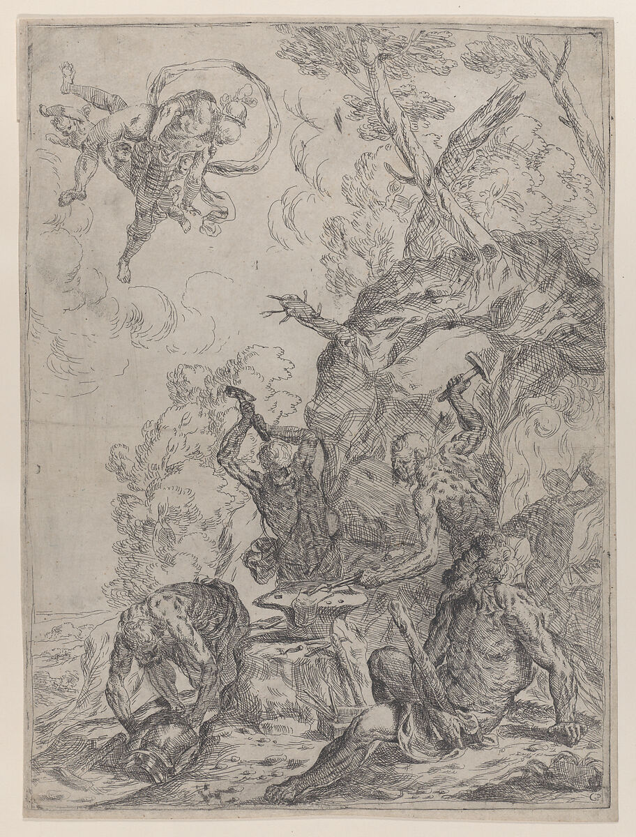 The forge of Vulcan with smiths striking an anvil with hammers, while Mars and Venus embrace in the heavens above, Giovanni Pietro Possenti (Italian, Bologna 1618–1659 Padua), Etching 