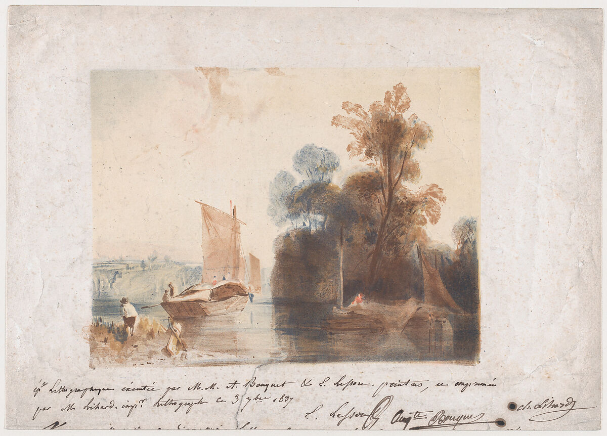Landscape with River and Boats, Auguste Bouquet (French, Abbeville 1810–1846 Lucca, Italy), Colored lithograph 