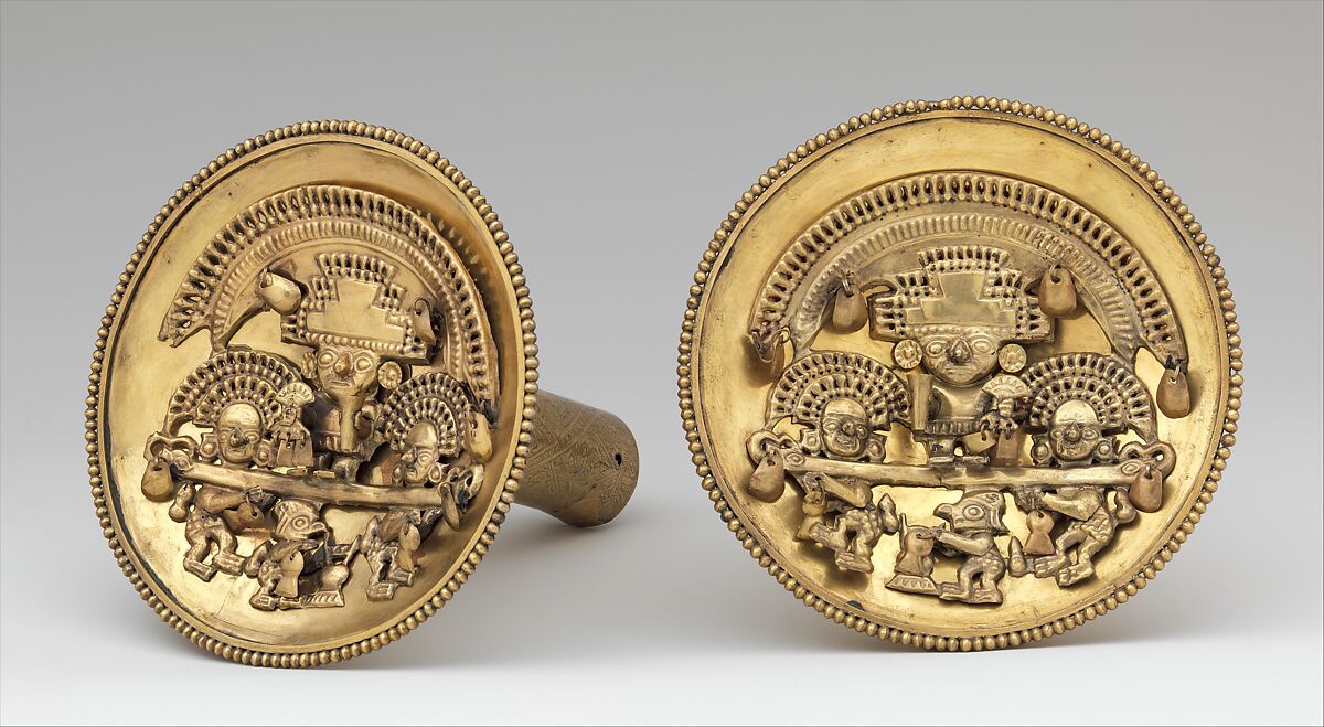 Pair of Earflares with Multifigure Scenes, Gold, Chimú 