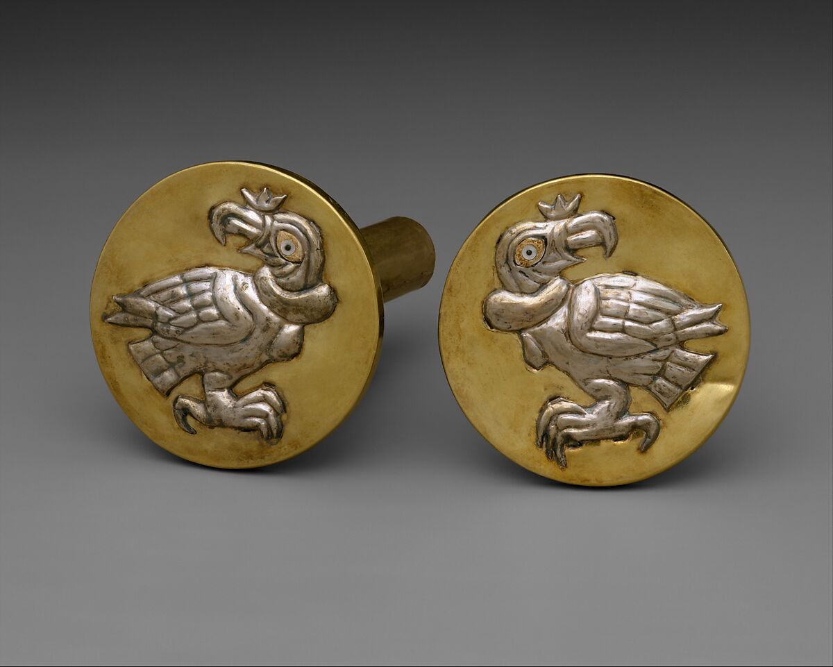 Pair of earflares with condors, Silver, gold, gilded copper, shell, Moche 