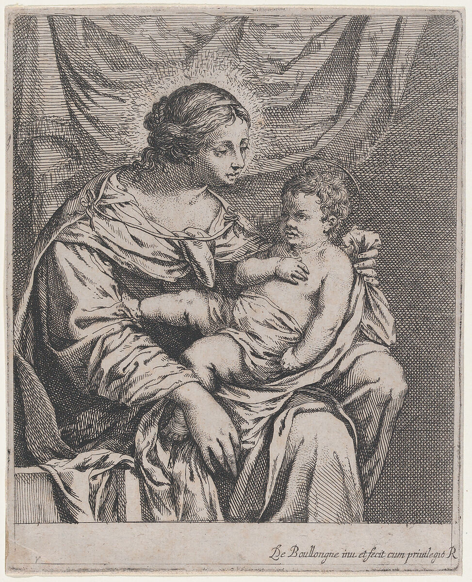 Madonna and Child before a Curtain, Louis de Boullogne the Elder (French, Paris 1609–1674 Paris), Etching 