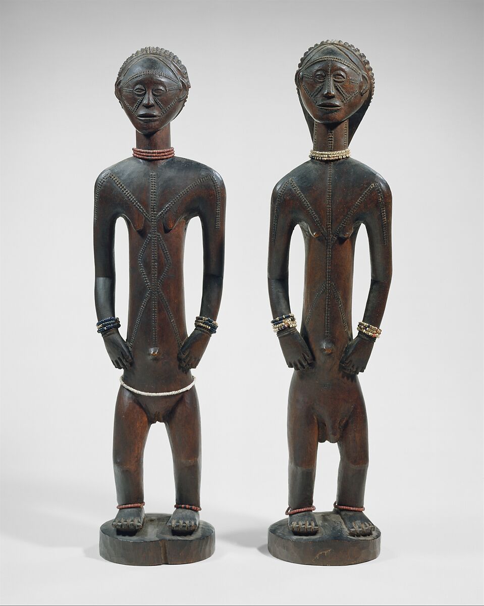 Standing Male and Female Figures, Wood, beads, Tabwa peoples 