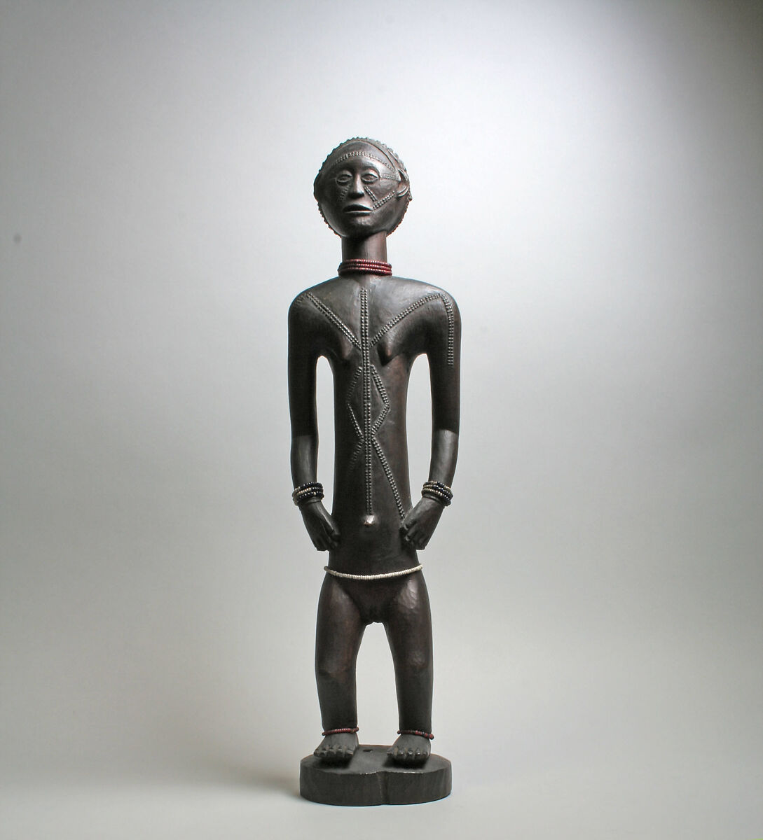Standing Male and Female Figures, Wood, beads, Tabwa peoples