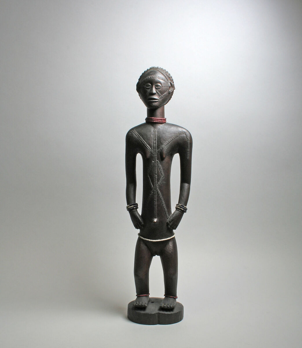 Standing Male and Female Figures, Wood, beads, Tabwa peoples