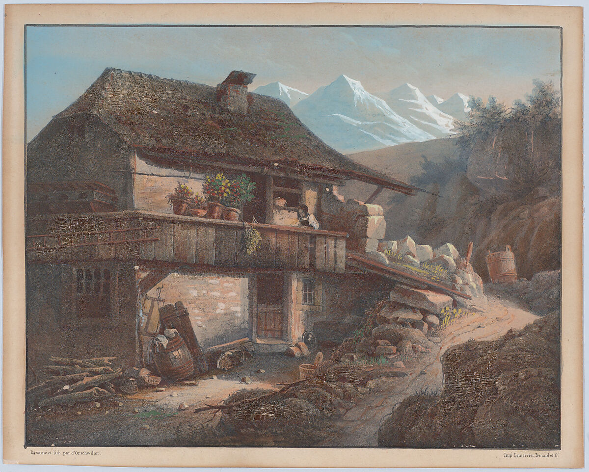 Alpine Scene, Henri Boug d&#39;Orschwiller (French, Colmar 1783–1859 Paris), Hand colored lithograph 