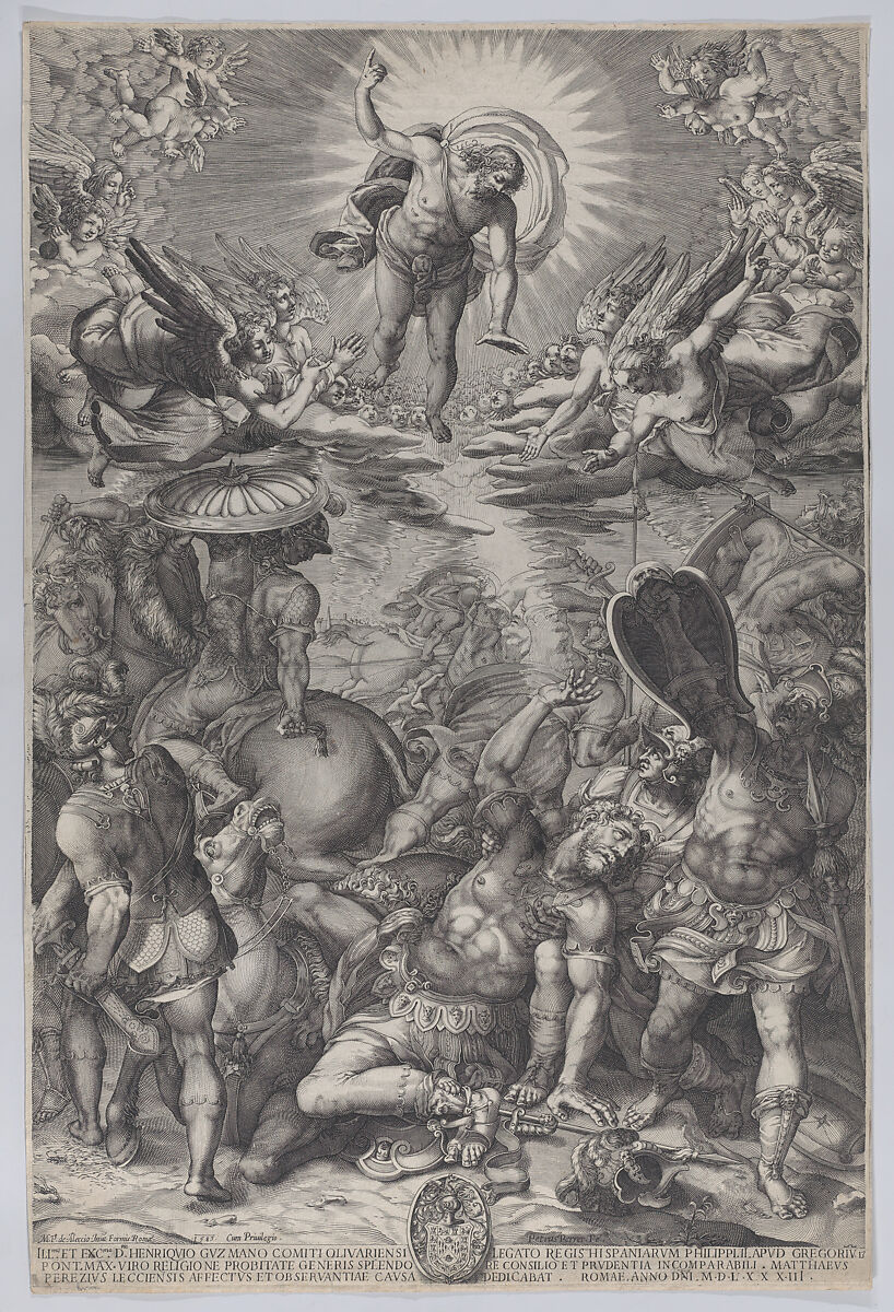 The conversion of Saul, who lies on the ground surrounded by horses and soldiers as Christ appears above him, Pieter Perret (Netherlandish, 1555–1639), Engraving 