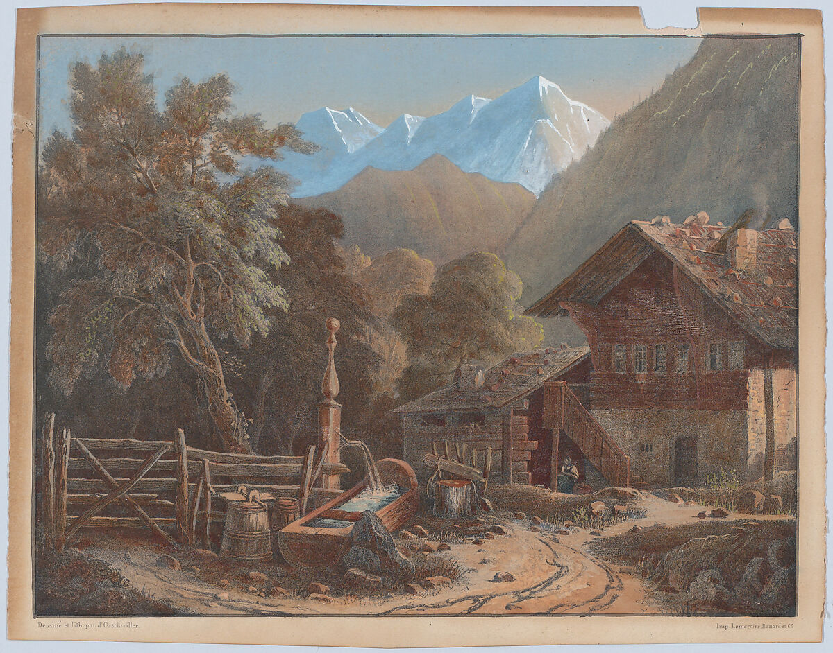 Alpine Scene, Henri Boug d&#39;Orschwiller (French, Colmar 1783–1859 Paris), Hand colored lithograph 