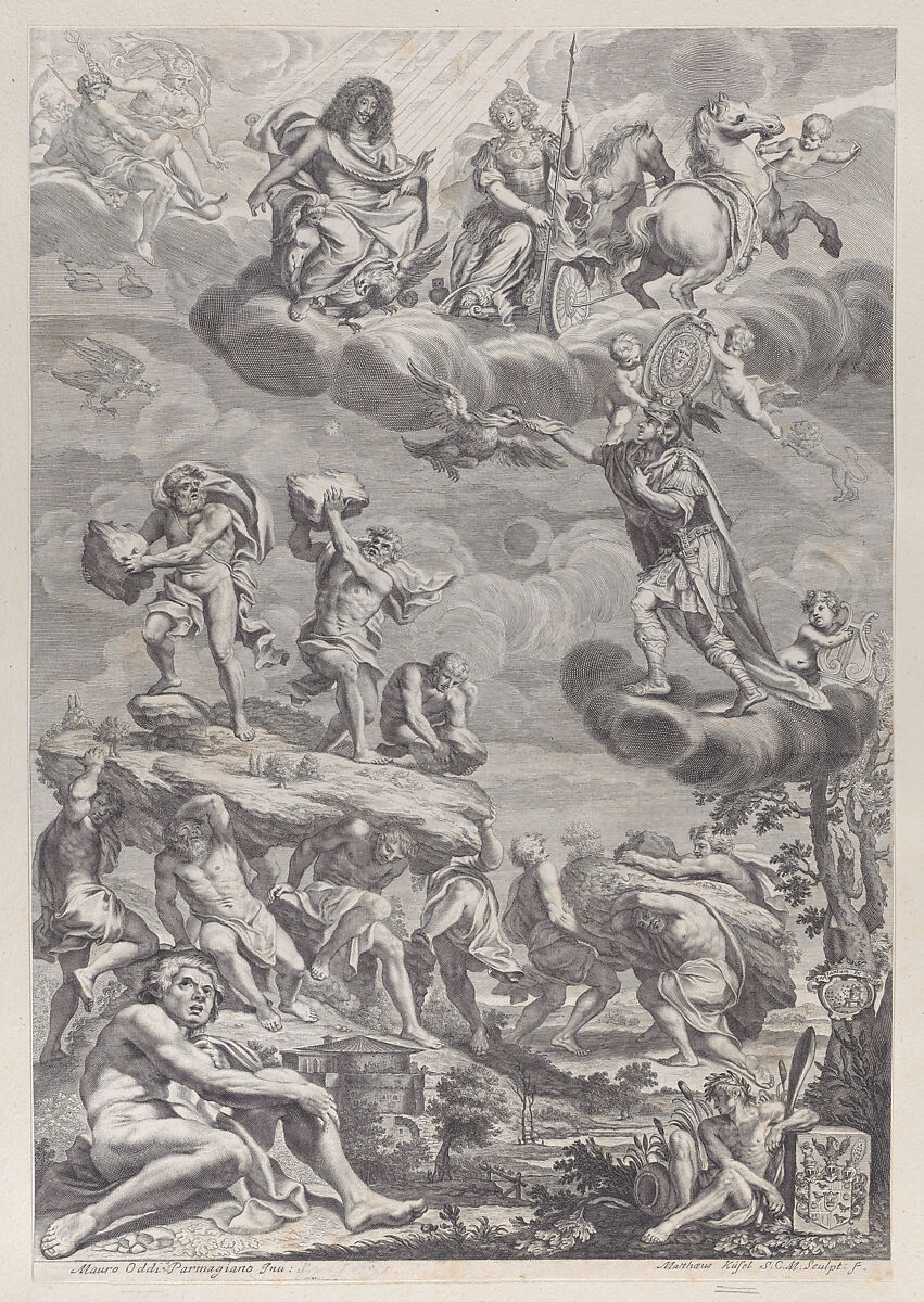 Leopold I of Austria as Jupiter with his wife enthroned in the clouds, looking down on the struggling giants below, Mathäus Küsel (German, 1621–1682), Engraving 
