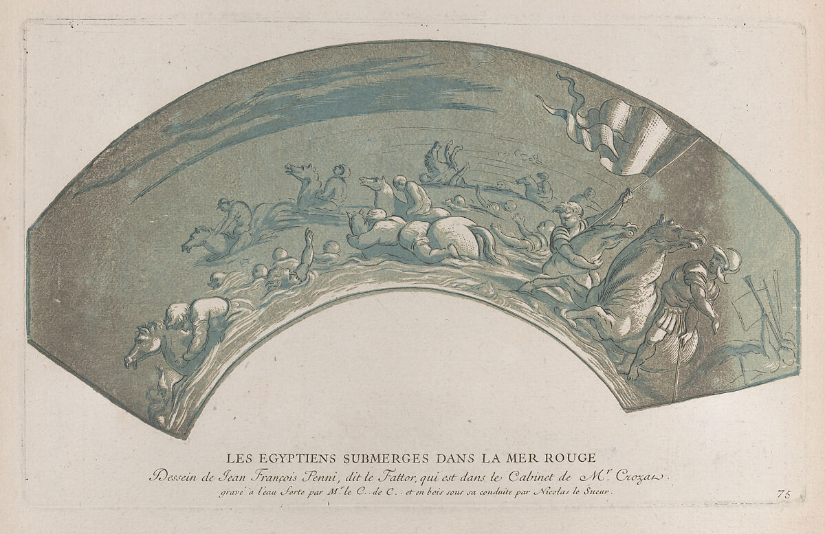 Pharaoh's army engulfed by the Red Sea; from 'Recueil d'estampes d'après les plus beaux tableaux et d'après les plus beaux desseins qui sont en France, Cabinet Crozat' after Giovanni Francesco Penni, Anne Claude Philippe de Tubières, comte de Caylus (French, Paris 1692–1765 Paris), Aquatint imitating a chiaroscuro woodcut printed in green and brown over etching 