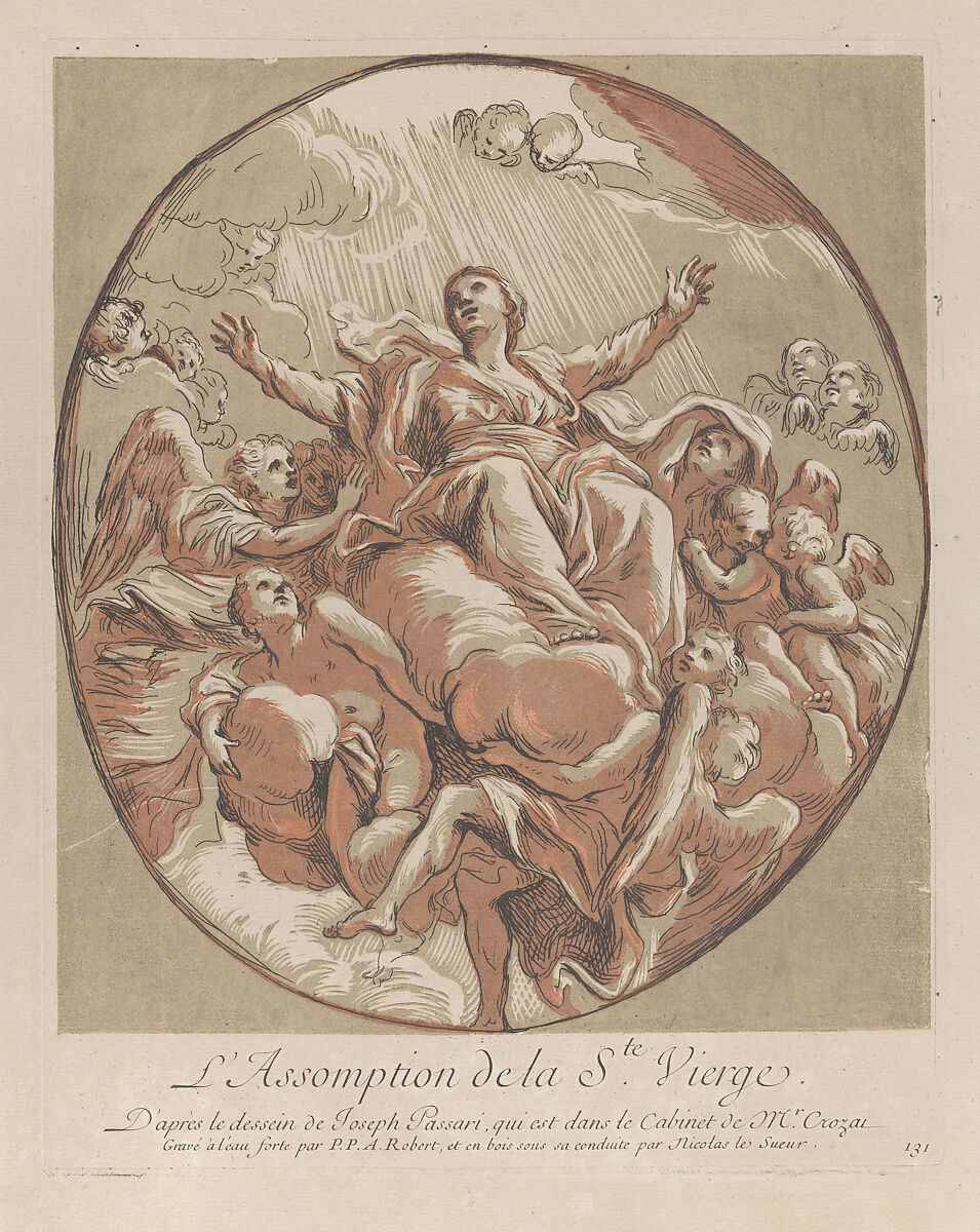 Assumption of the Virgin; from 'Recueil d'estampes d'après les plus beaux tableaux et d'après les plus beaux desseins qui sont en France, Cabinet Crozat' after Giuseppe Passeri, Nicolas Le Sueur (French, 1691–1764), Aquatint imitating a chiaroscuro woodcut printed in green and brown over etching 