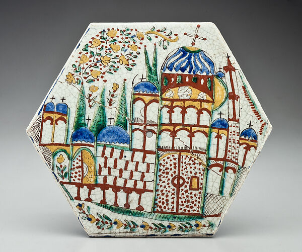 Hexagonal Tile with Architectural Scene, Fritware with underglaze painting, Armenian 