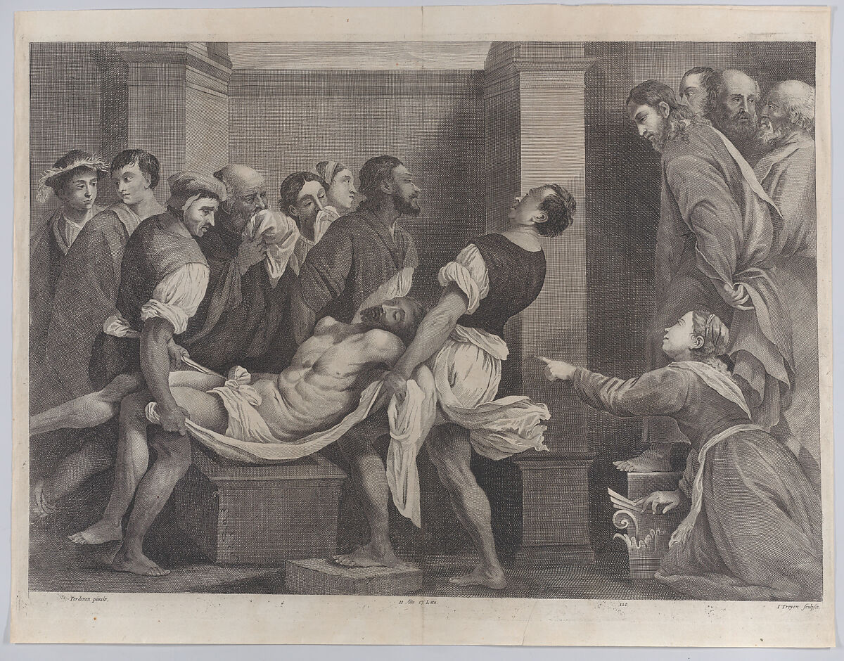 The raising of Lazarus, who is carried by three men at left, while his sister and Christ look on at right; from 'Theatrum Pictorium', after Pordenone, Jan van Troyen (Flemish, Brussels ca. 1610–after 1666), Etching and engraving 