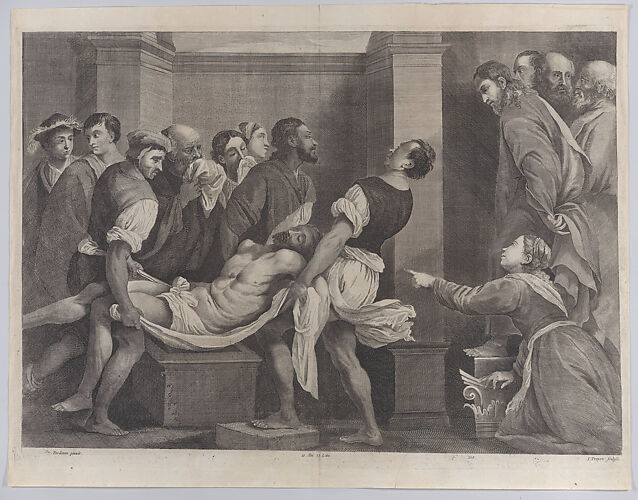 The raising of Lazarus, who is carried by three men at left, while his sister and Christ look on at right; from 'Theatrum Pictorium', after Pordenone
