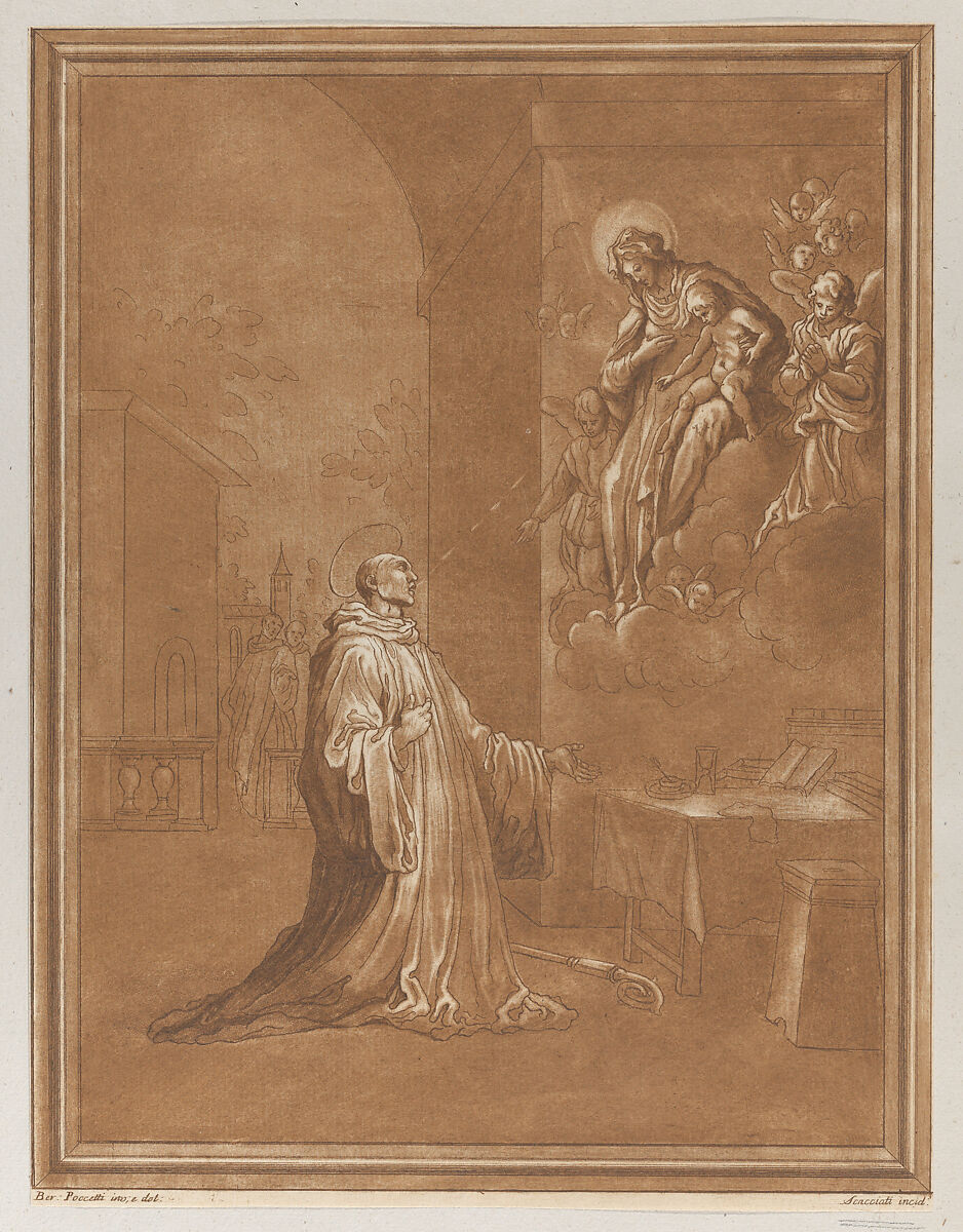 Madonna and child appearing before a kneeling saint, after Bernardino Poccetti, Andrea Scacciati (Italian, 1725–1771), Etching with sulphur tone printed in brown 