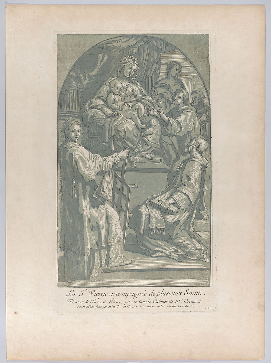 The Virgin and Child seated on a pedestal at center, to the right a monk offers a flower, and in the foreground a saint kneels before them while Saint Lawrence rests his hands on a gridiron; from 'Recueil d'estampes d'après les plus beaux tableaux et d'après les plus beaux desseins qui sont en France, Cabinet Crozat' after a drawing by Pietro Antonio de' Pietri, Anne Claude Philippe de Tubières, comte de Caylus (French, Paris 1692–1765 Paris), Aquatint imitating a chiaroscuro woodcut printed in green over etching 