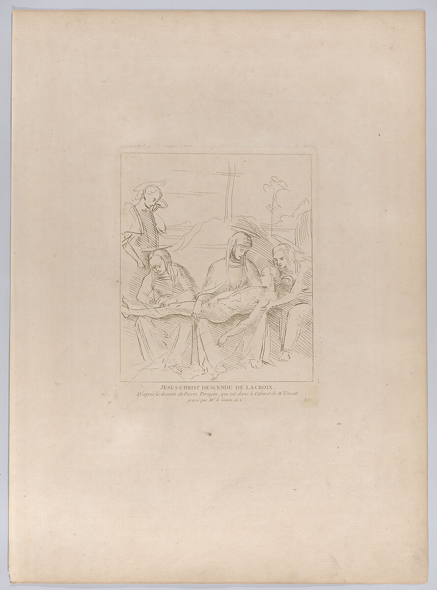 Pietà, with the body of Christ supported by the Virgin and two holy women, Saint John stands to the left; from 'Recueil d'estampes d'après les plus beaux tableaux et d'après les plus beaux desseins qui sont en France, Cabinet Crozat' after a drawing by Perugino, Anne Claude Philippe de Tubières, comte de Caylus (French, Paris 1692–1765 Paris), Etching, printed in brown 