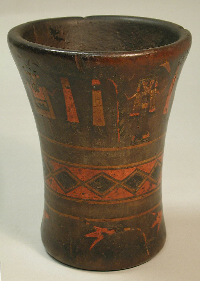 Pair of Keros, Wood, pigmented resin inlay, Quechua